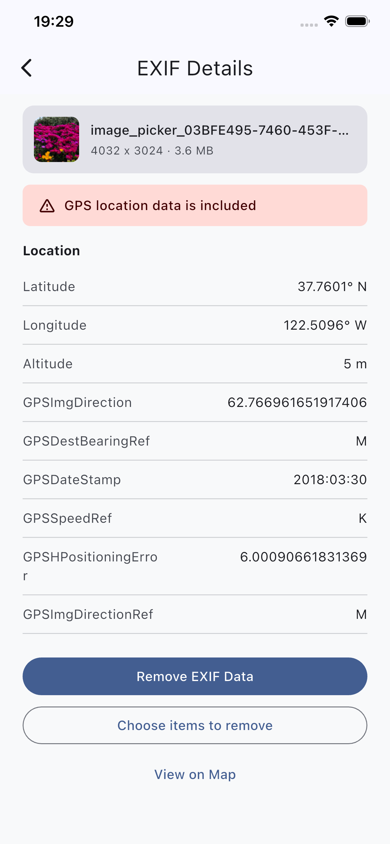 EXIF detail screen showing GPS location, date, and camera metadata